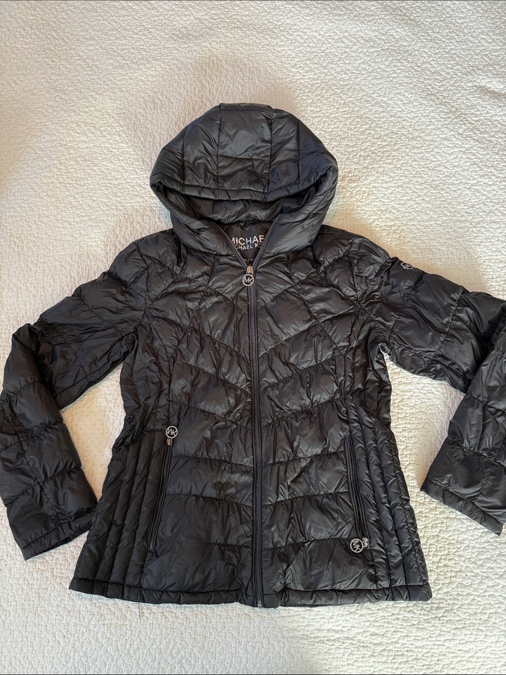 Michael Kors Collection Black Quilted Diwn Filled Hooded Packable Jacket